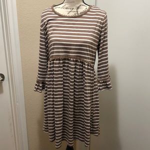 Brown & White Striped Dress w/ Brown Lace Detail